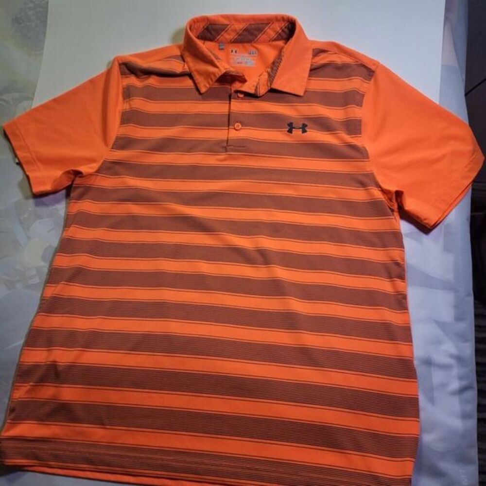 Under Armour Polo Shirt Mens Large Orange Striped Golf Heatgear Loose Breathable